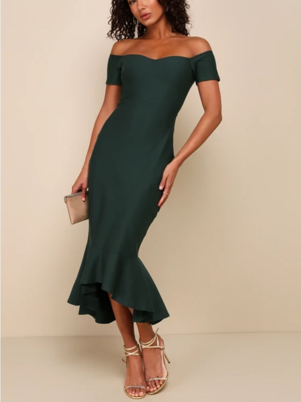 Lulu's | How Much I Care Dark Green Off-the-Shoulder Midi Dress